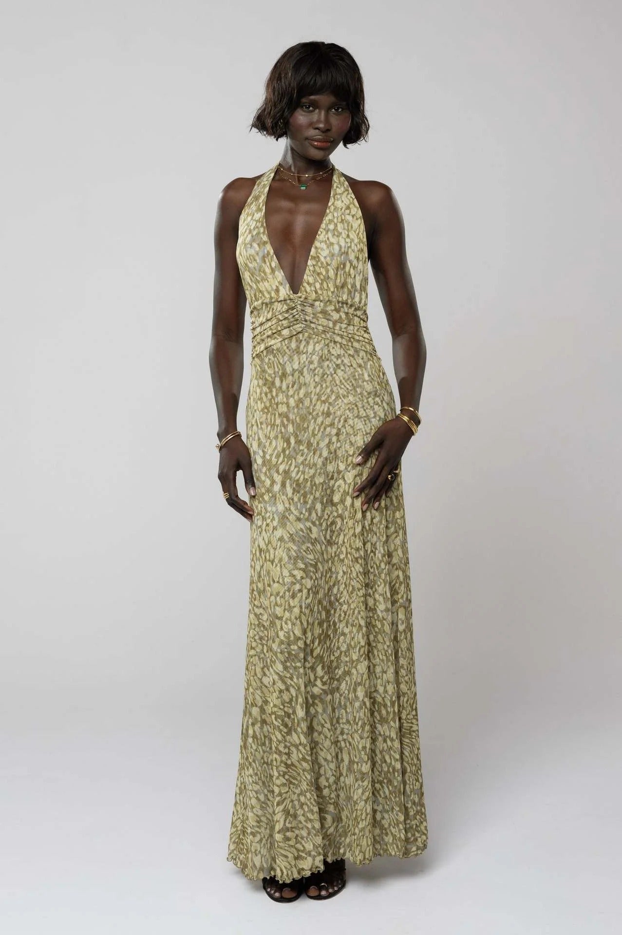 Women's Digital Polka Dot Maxi Dress | Elegant V-Neck Evening Gown 11
