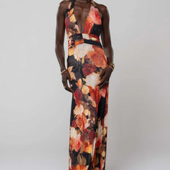 Women's Digital Polka Dot Maxi Dress | Elegant V-Neck Evening Gown 12