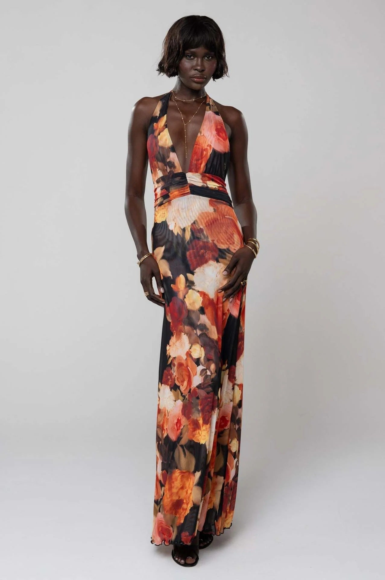 Women's Digital Polka Dot Maxi Dress | Elegant V-Neck Evening Gown 12