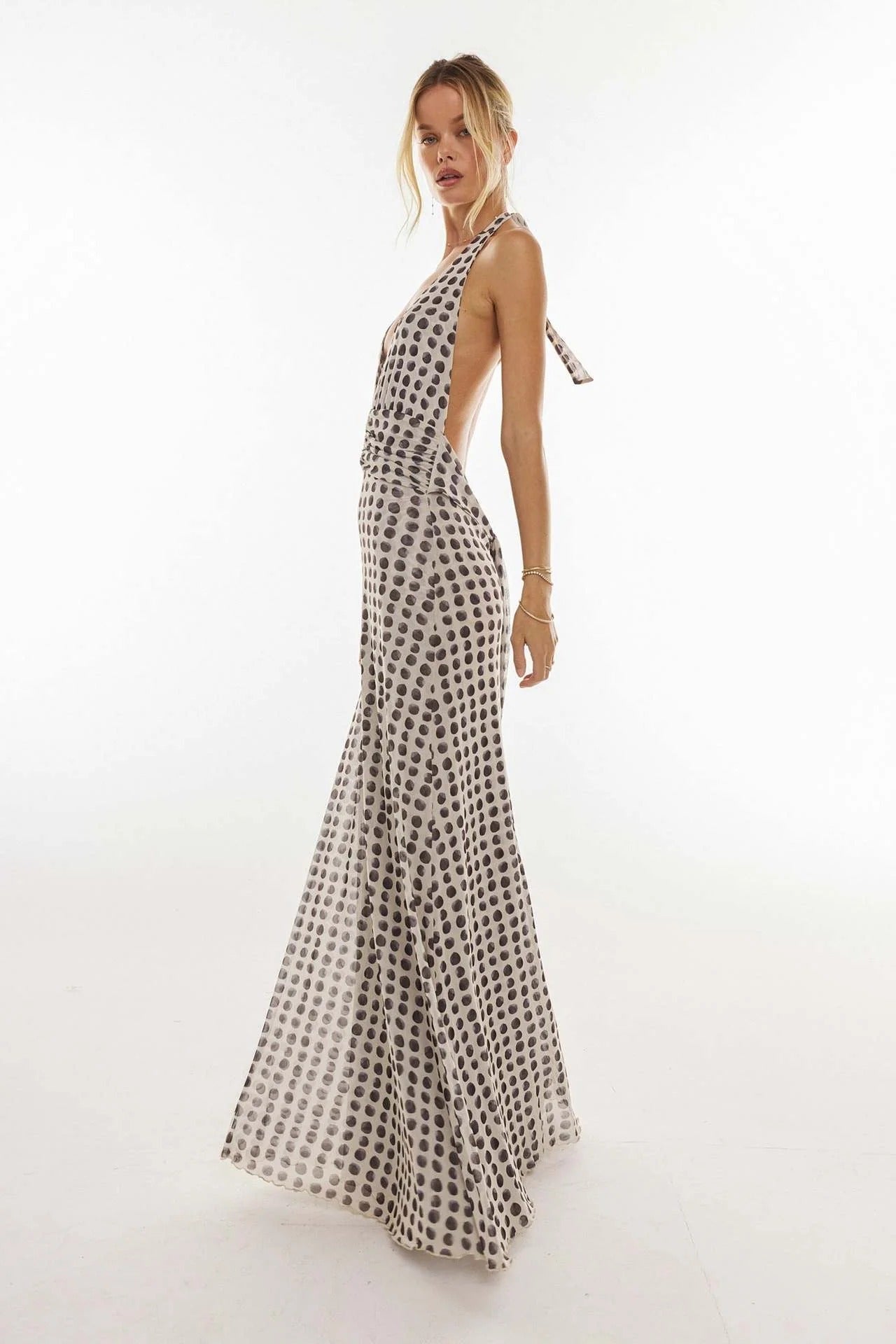Women's Digital Polka Dot Maxi Dress | Elegant V-Neck Evening Gown 2