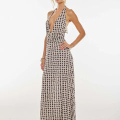 Women's Digital Polka Dot Maxi Dress | Elegant V-Neck Evening Gown 3