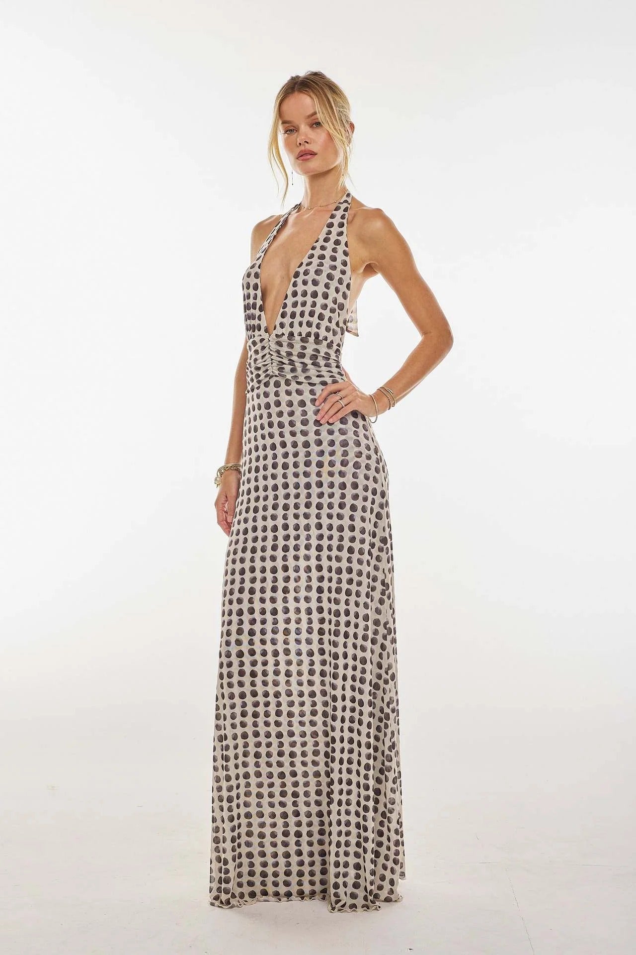 Women's Digital Polka Dot Maxi Dress | Elegant V-Neck Evening Gown 3