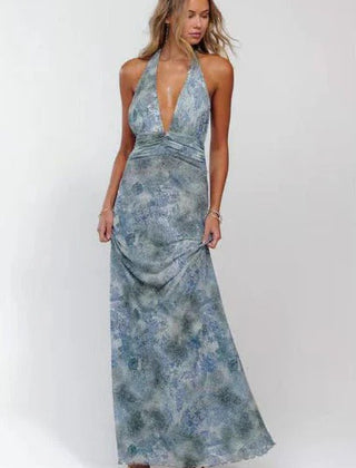 Women's Digital Polka Dot Maxi Dress | Elegant V-Neck Evening Gown 6