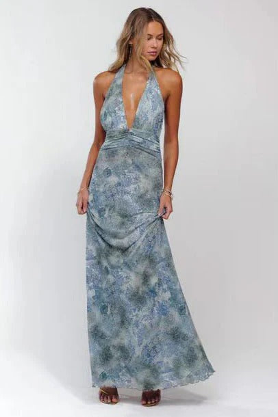 Women's Digital Polka Dot Maxi Dress | Elegant V-Neck Evening Gown 6