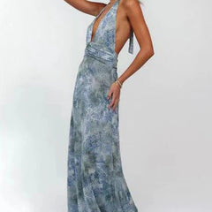 Women's Digital Polka Dot Maxi Dress | Elegant V-Neck Evening Gown 7