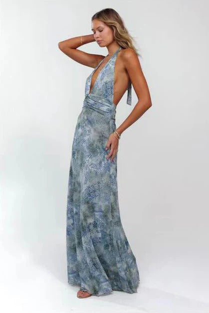 Women's Digital Polka Dot Maxi Dress | Elegant V-Neck Evening Gown 7