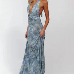 Women's Digital Polka Dot Maxi Dress | Elegant V-Neck Evening Gown 8