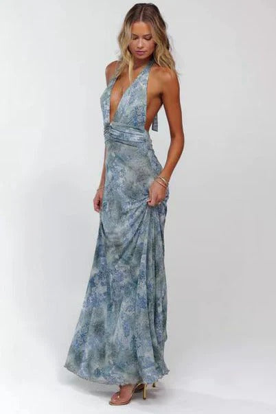 Women's Digital Polka Dot Maxi Dress | Elegant V-Neck Evening Gown 8