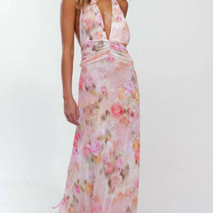 Women's Digital Polka Dot Maxi Dress | Elegant V-Neck Evening Gown 9
