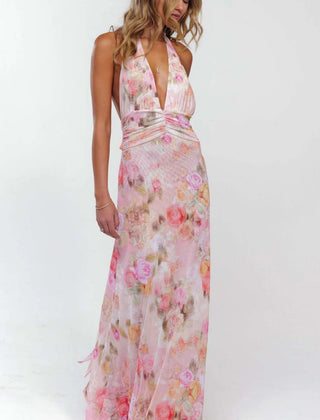 Women's Digital Polka Dot Maxi Dress | Elegant V-Neck Evening Gown 9