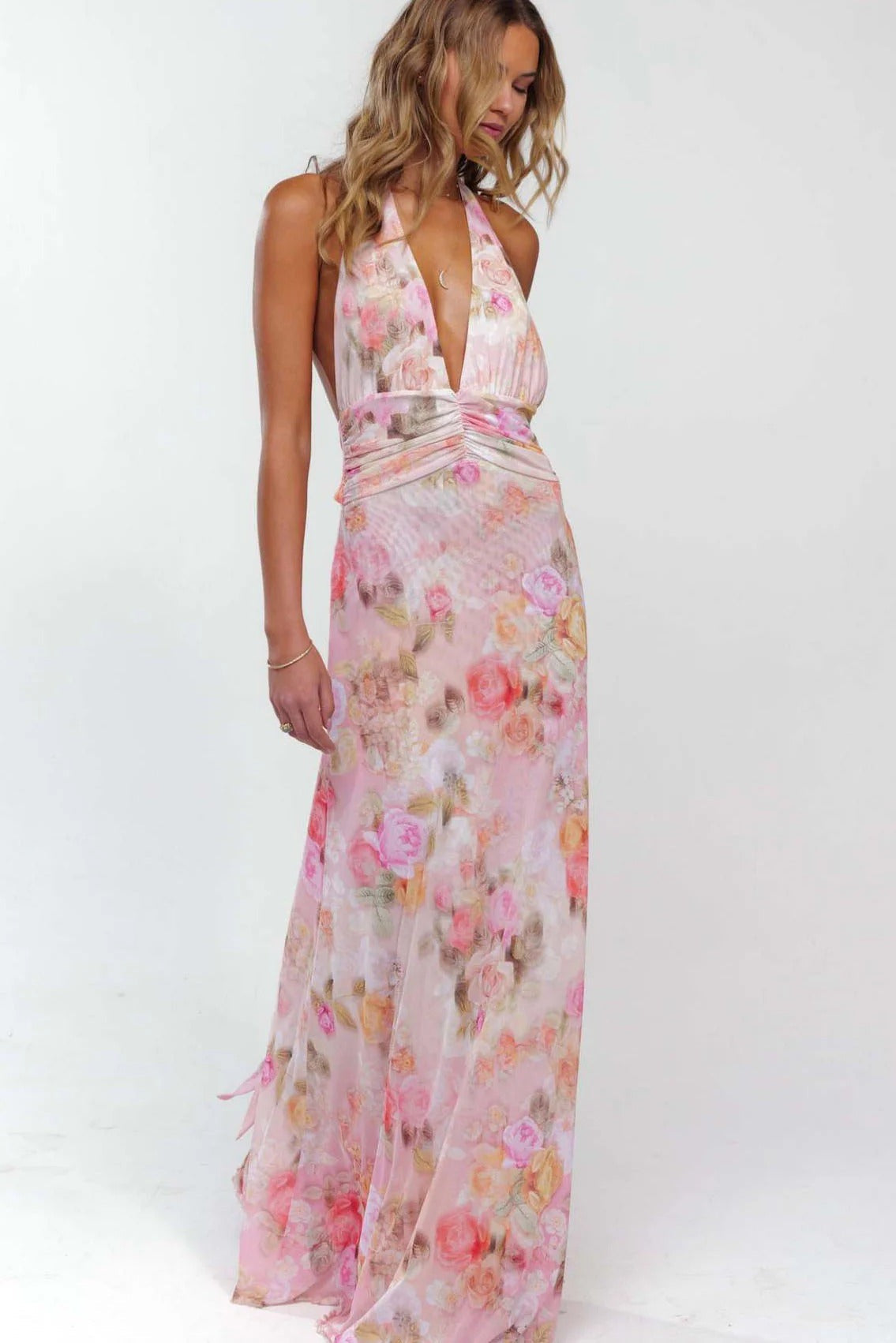 Women's Digital Polka Dot Maxi Dress | Elegant V-Neck Evening Gown 9