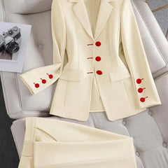 Women's Elegant Beige Tailored Blazer Suit | Chic Two-Piece Ensemble for All Occasions 1