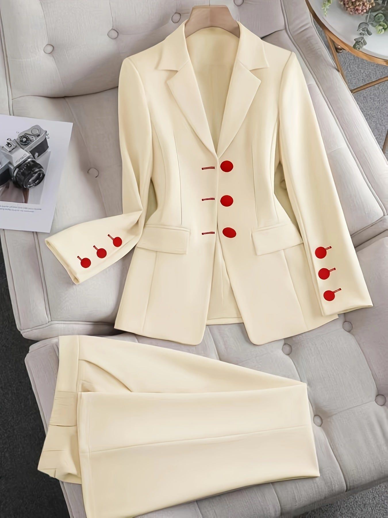 Women's Elegant Beige Tailored Blazer Suit | Chic Two-Piece Ensemble for All Occasions 1