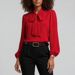Women's Elegant Bow-Tie Neck Blouse | Relaxed-Fit Long Sleeve Top 0