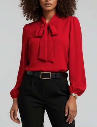 Women's Elegant Bow-Tie Neck Blouse | Relaxed-Fit Long Sleeve Top 0
