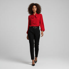 Women's Elegant Bow-Tie Neck Blouse | Relaxed-Fit Long Sleeve Top 1