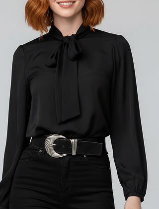 Women's Elegant Bow-Tie Neck Blouse | Relaxed-Fit Long Sleeve Top 9