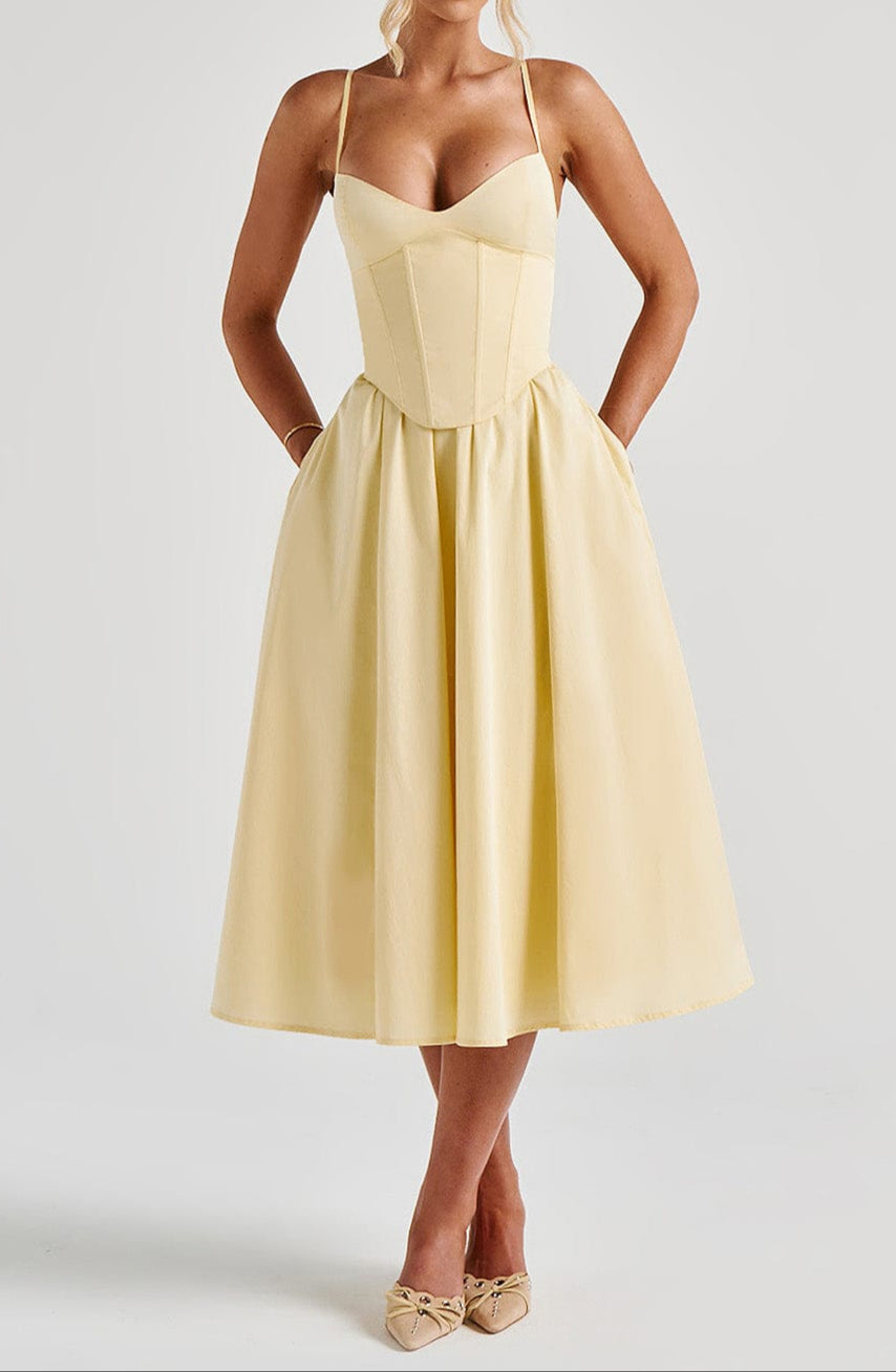 Women's Elegant Cotton Midi Dress | Structured A-Line Cocktail Dress with Sweetheart Neckline 0