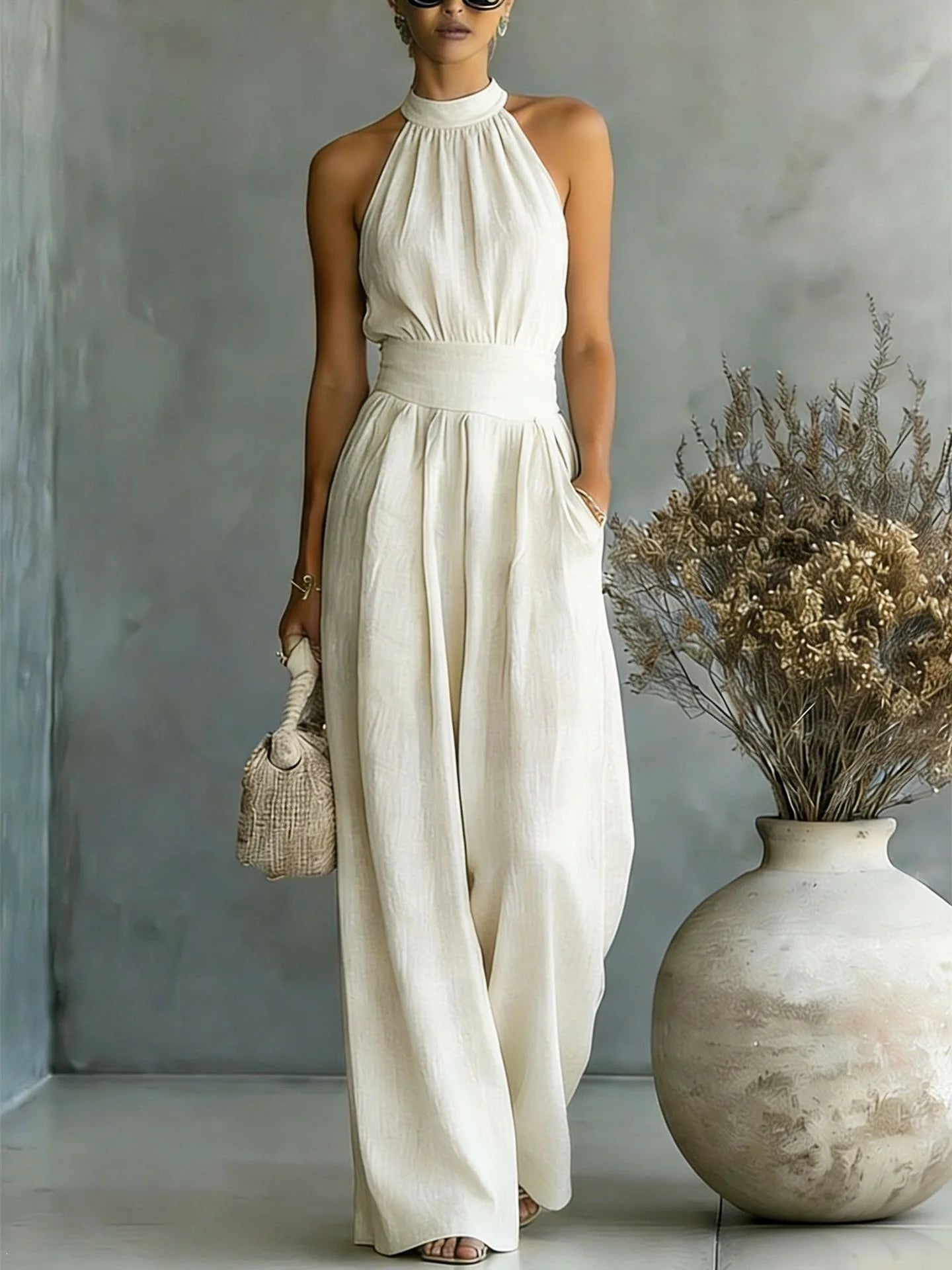 Women's Elegant Draped Wide Leg Jumpsuit | Sophisticated Halter Neck Design 0
