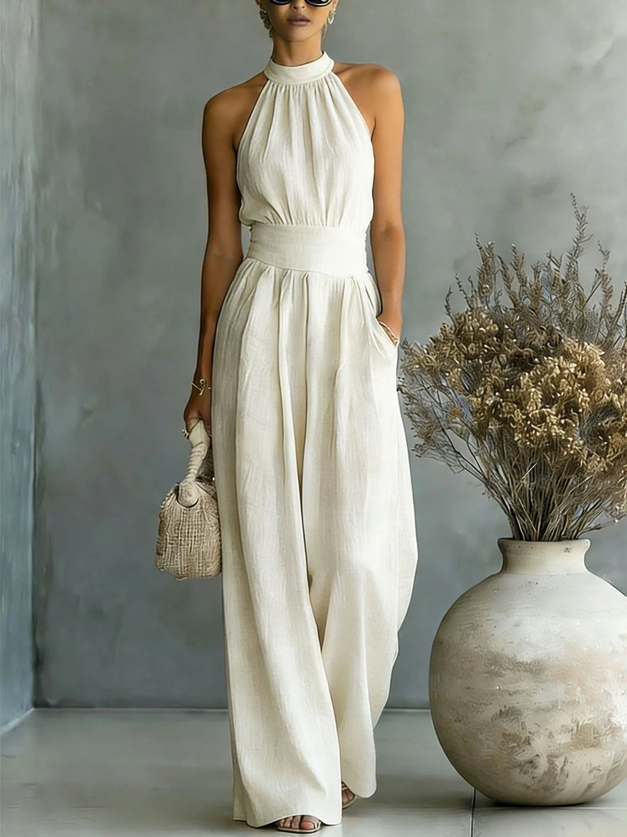 Women's Elegant Draped Wide Leg Jumpsuit | Sophisticated Halter Neck Design 0
