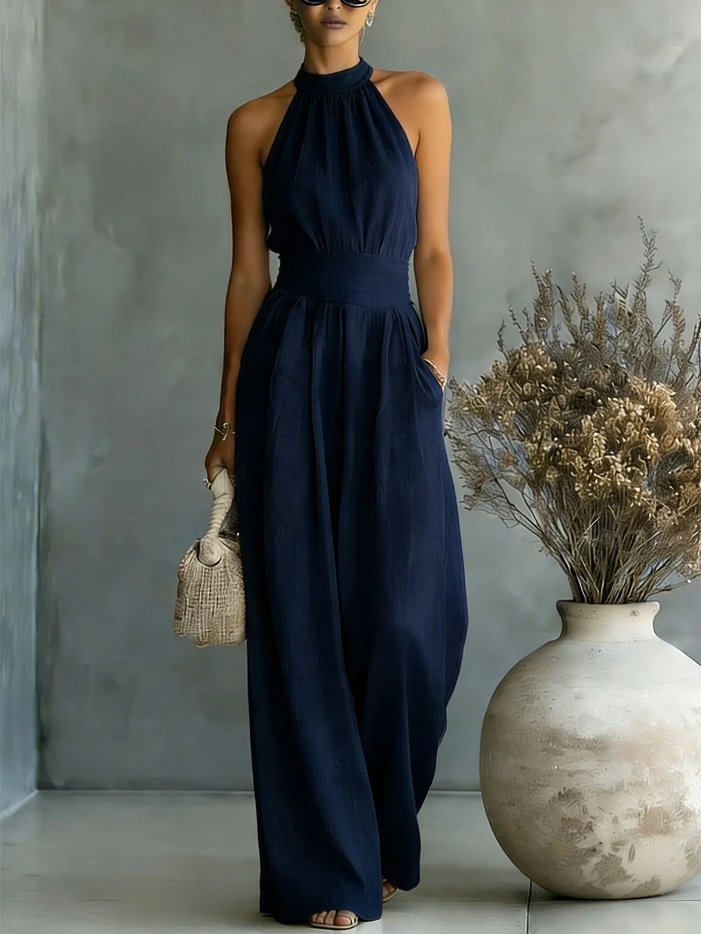 Women's Elegant Draped Wide Leg Jumpsuit | Sophisticated Halter Neck Design 1