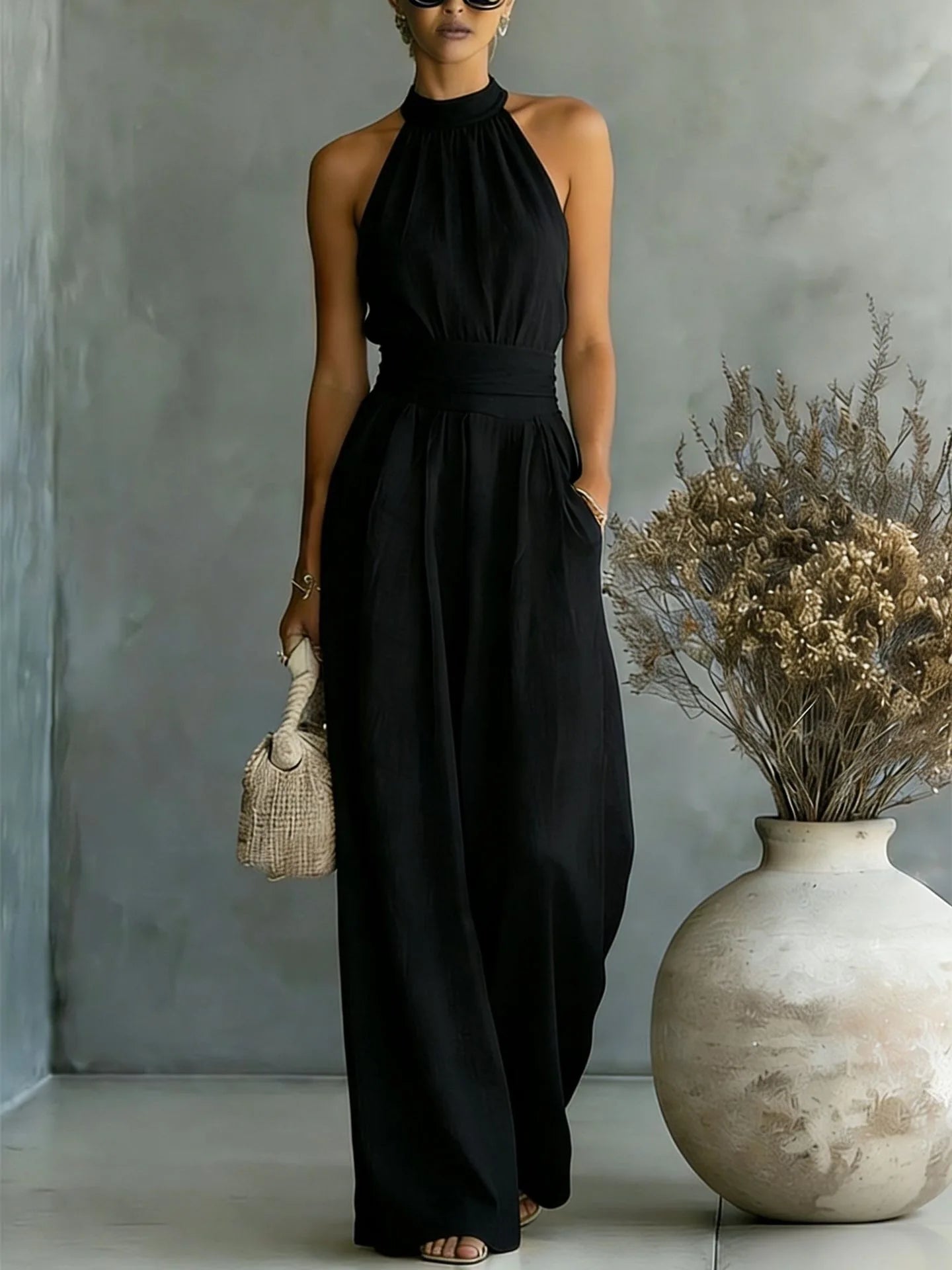 Women's Elegant Draped Wide Leg Jumpsuit | Sophisticated Halter Neck Design 2