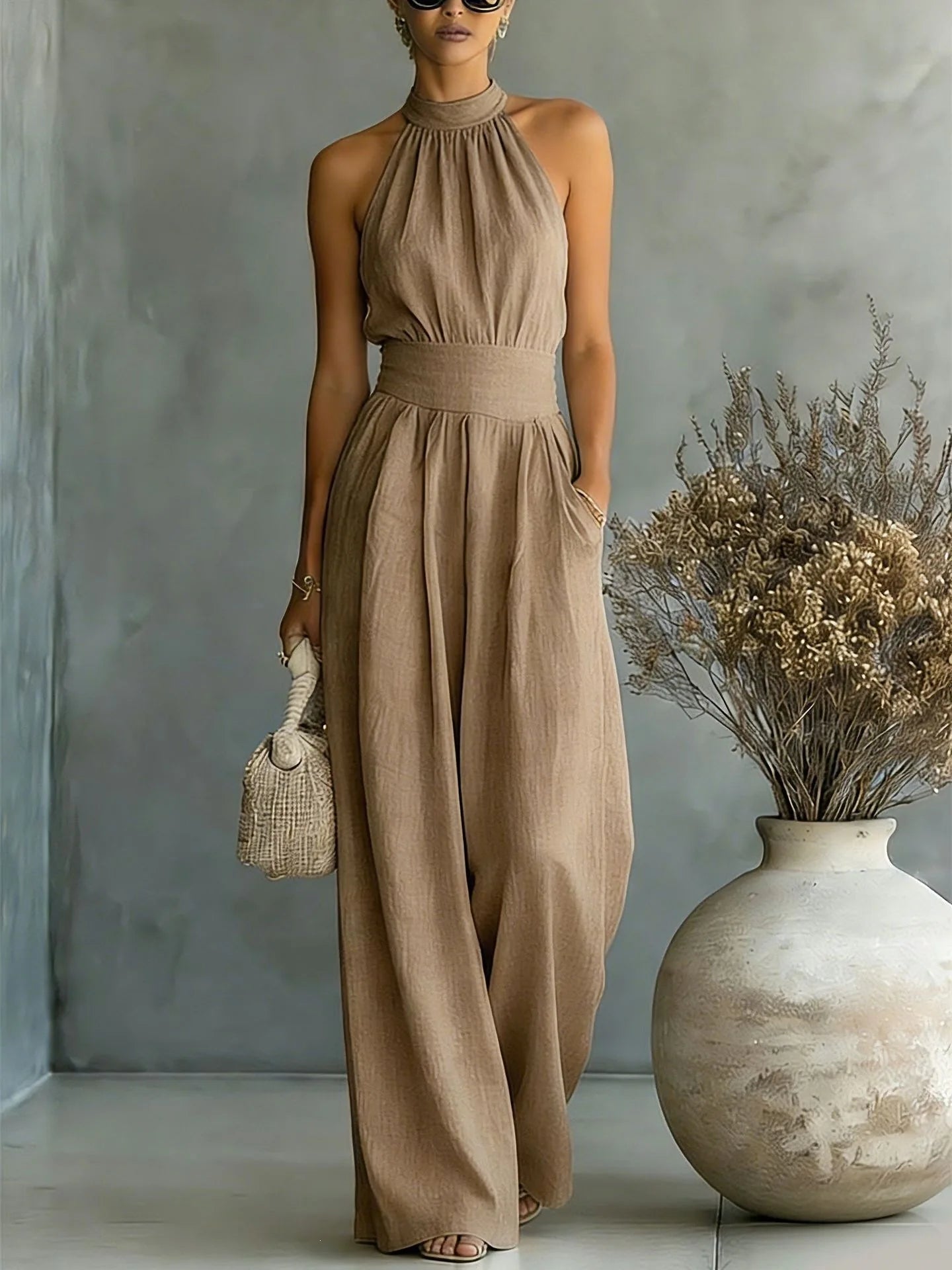 Women's Elegant Draped Wide Leg Jumpsuit | Sophisticated Halter Neck Design 4