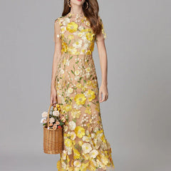 Women's Elegant Embroidered Mesh Maxi Dress | Sophisticated Evening Gown for Special Occasions 0