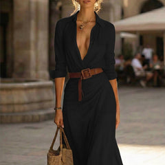 Women's Elegant Faux Suede Maxi Dress | Classic Button Down Long Sleeve V Neck 4