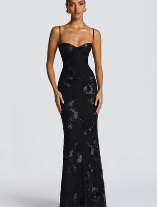 Women's Elegant Floral Applique Maxi Dress | Refined Formal Evening Gown 0