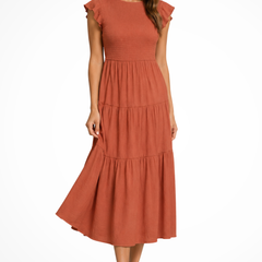 Women's Elegant Flutter Sleeve Midi Dress | Stylish Shirred Tiered Summer Dress 0