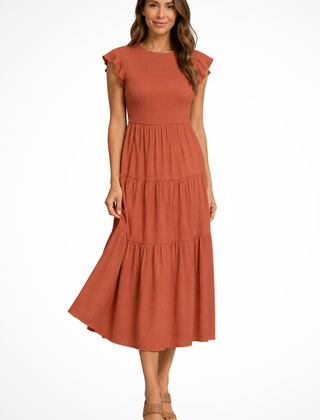 Women's Elegant Flutter Sleeve Midi Dress | Stylish Shirred Tiered Summer Dress 0