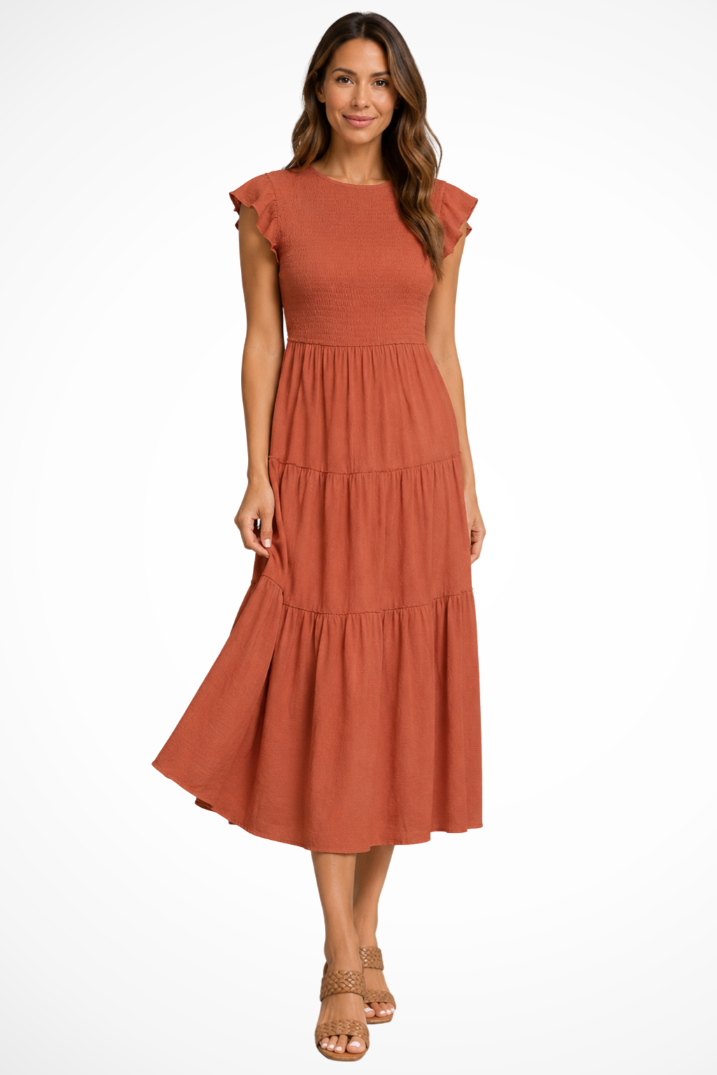 Women's Elegant Flutter Sleeve Midi Dress | Stylish Shirred Tiered Summer Dress 0