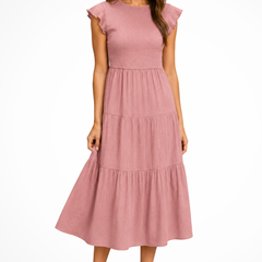 Women's Elegant Flutter Sleeve Midi Dress | Stylish Shirred Tiered Summer Dress 1