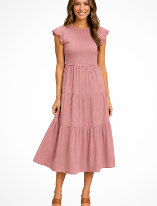 Women's Elegant Flutter Sleeve Midi Dress | Stylish Shirred Tiered Summer Dress 1