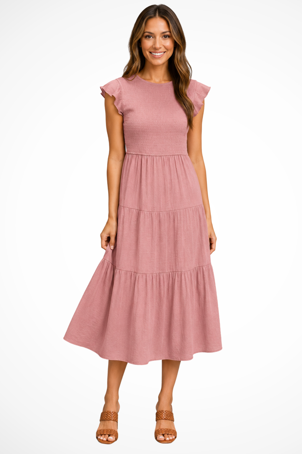 Women's Elegant Flutter Sleeve Midi Dress | Stylish Shirred Tiered Summer Dress 1