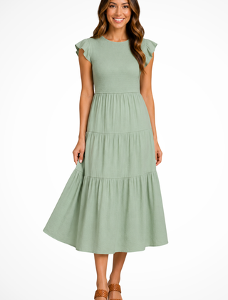 Women's Elegant Flutter Sleeve Midi Dress | Stylish Shirred Tiered Summer Dress 4