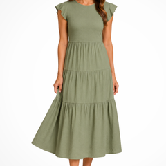 Women's Elegant Flutter Sleeve Midi Dress | Stylish Shirred Tiered Summer Dress 5