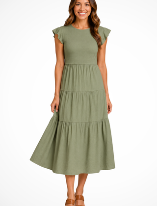 Women's Elegant Flutter Sleeve Midi Dress | Stylish Shirred Tiered Summer Dress 5