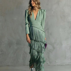 Women's Elegant Fringe Maxi Dress | Deep V-Neck Puff Sleeve Formal Gown 0
