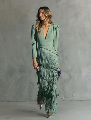 Women's Elegant Fringe Maxi Dress | Deep V-Neck Puff Sleeve Formal Gown 0