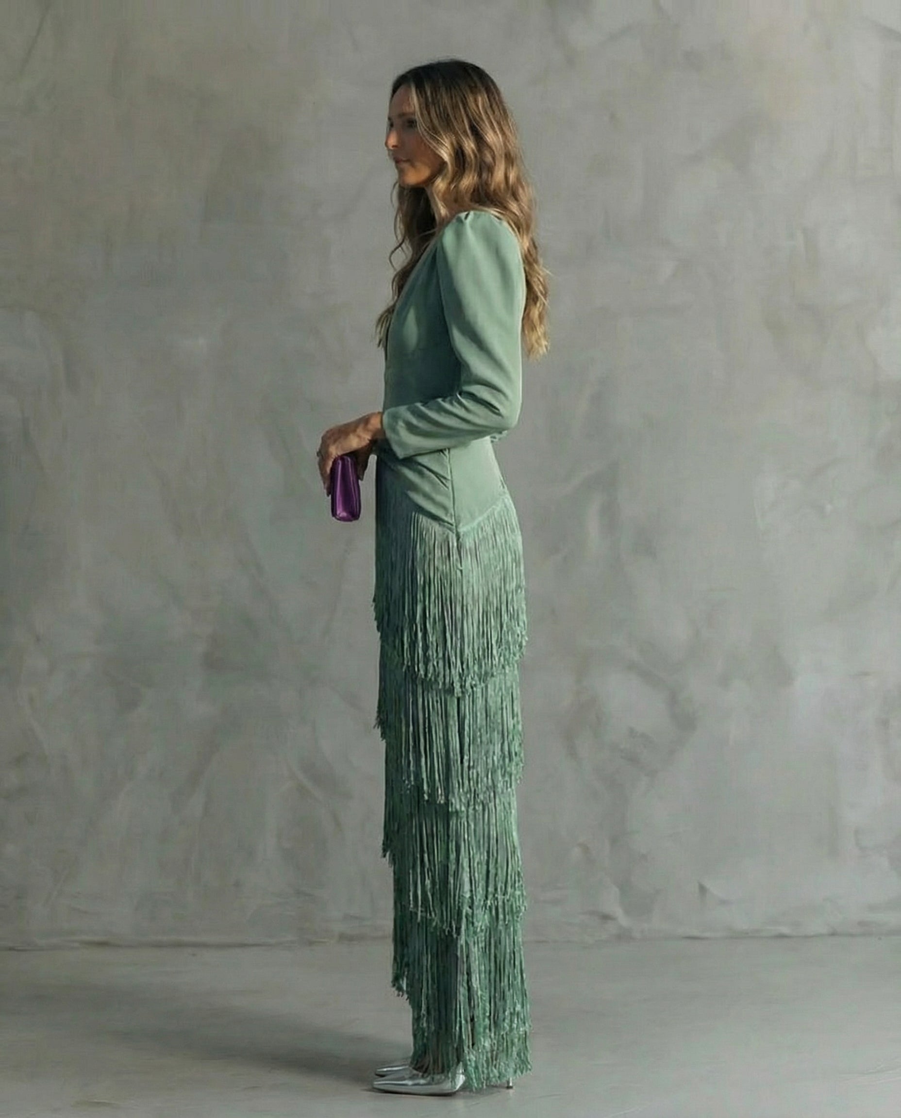Women's Elegant Fringe Maxi Dress | Deep V-Neck Puff Sleeve Formal Gown 2