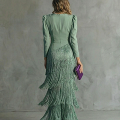 Women's Elegant Fringe Maxi Dress | Deep V-Neck Puff Sleeve Formal Gown 3