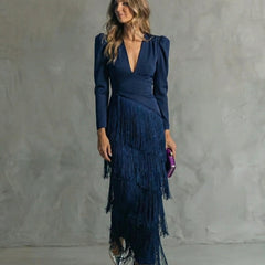 Women's Elegant Fringe Maxi Dress | Deep V-Neck Puff Sleeve Formal Gown 4