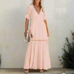 Women's Elegant Lace Maxi Dress | Flattering Flutter Sleeve Deep V-Neck Gown 2