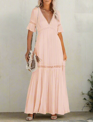 Women's Elegant Lace Maxi Dress | Flattering Flutter Sleeve Deep V-Neck Gown 2