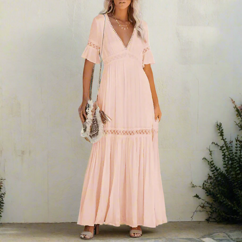 Women's Elegant Lace Maxi Dress | Flattering Flutter Sleeve Deep V-Neck Gown 2