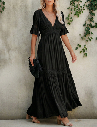 Women's Elegant Lace Maxi Dress | Flattering Flutter Sleeve Deep V-Neck Gown 3