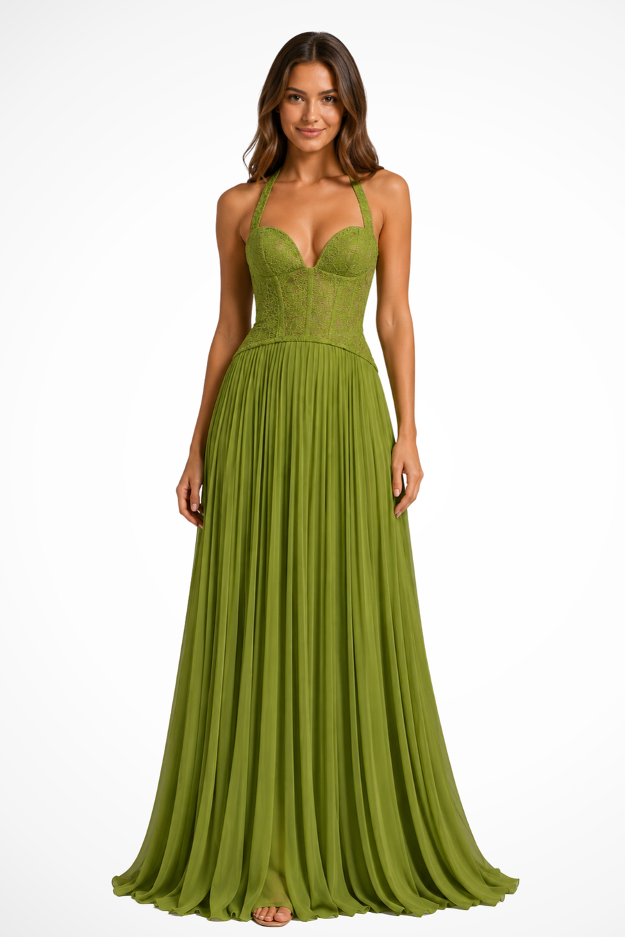 Women's Elegant Lace Maxi Dress | Halter Neck Pleated Formal Gown 0