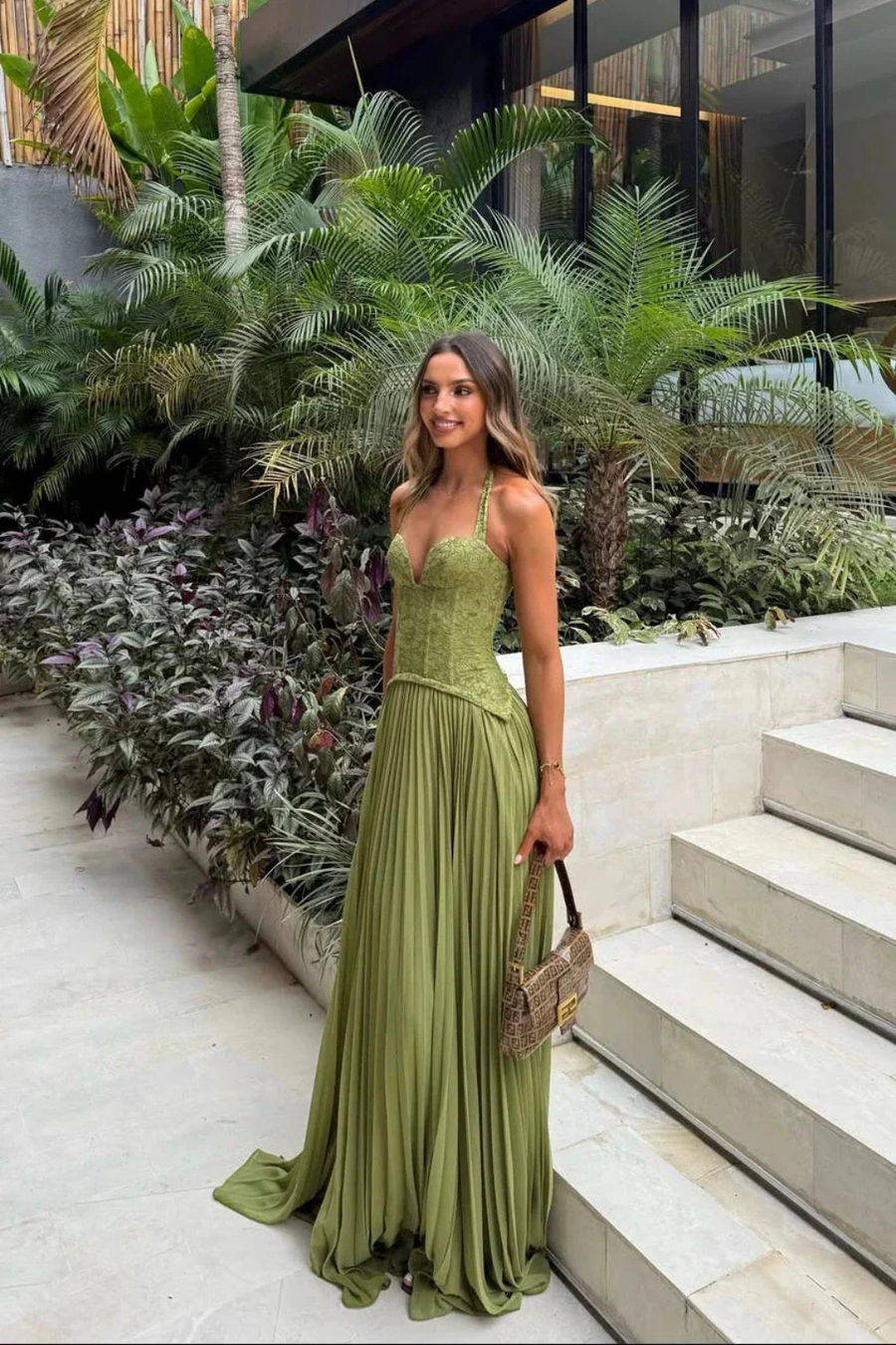 Women's Elegant Lace Maxi Dress | Halter Neck Pleated Formal Gown 1